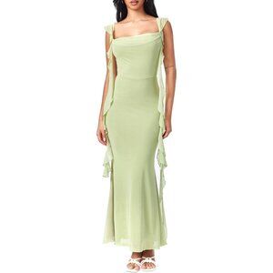 Women's Green Wedding Guest Dresses Summer Maxi Dress Sleeveless Mesh Ruffle